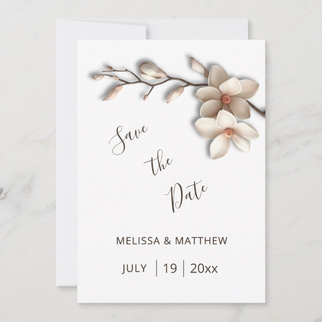 Elfenbein Magnolie 3D Blumen Save The Date (Vorderseite)
