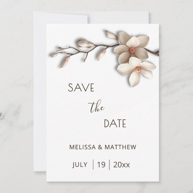 Elfenbein-Magnolie 3D-Blumen Save The Date (Vorderseite)
