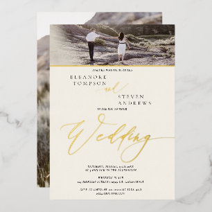 Elfenbein mit Goldschrift 2 Fotos Hochzeit  Folieneinladung