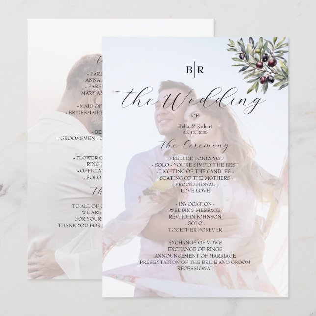Elfenbein-Olive-Monogramm-Foto-Hochzeitsprogramm Programm (Vorne/Hinten)