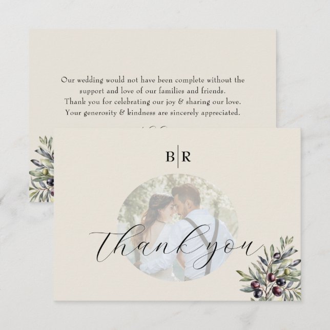 Elfenbein Oliven Foto Monogramm Hochzeit Dankeskarte (Vorne/Hinten)