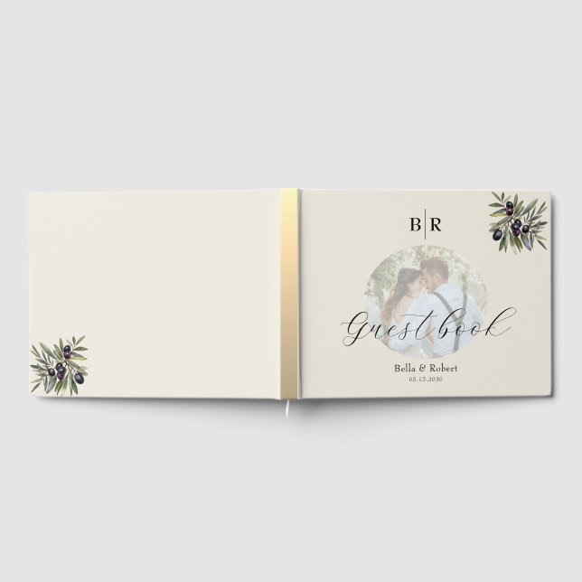 Elfenbein Oliven Foto Monogramm Hochzeit Gästebuch (Voll)