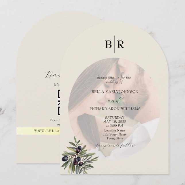 Elfenbein Olivenbogen Foto Monogramm Hochzeit Einladung (Vorne/Hinten)