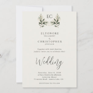 Elfenbein Olivenzweig Monogramm Foto-Hochzeit Einladung