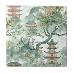 Elfenbein-Pagode-Sage-Botanische Chinoiserie Fliese