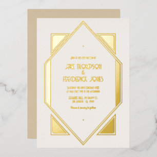 Elfenbein-Perle & Gold Gatsby Art Deco Hochzeit Folieneinladung