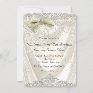 Elfenbein Perlmutt Satin Quinceanera Einladung