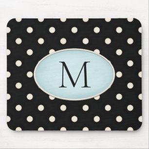 Elfenbein Punkte Schwarz & Hellblau Monogrammiert Mousepad
