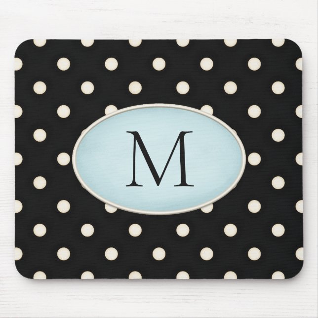 Elfenbein Punkte Schwarz & Hellblau Monogrammiert Mousepad (Vorne)