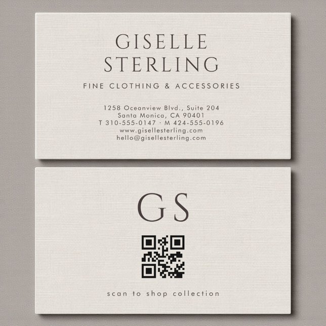 Elfenbein-QR-Code-Leinen-Luxus-Boutique-Mode Visitenkarte (Von Creator hochgeladen)