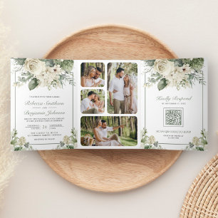 Elfenbein-Rosa-Sagegrün-Blumen-Foto-QR-Code-Hochze Dreifach Gefaltete Einladung