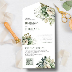 Elfenbein-Rosa-Sagegrün-Floral-QR-Code-Hochzeit All In One Einladung