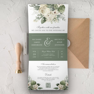 Elfenbein-Rosen Salbei-Grün Floral QR-Code Hochzei Dreifach Gefaltete Einladung
