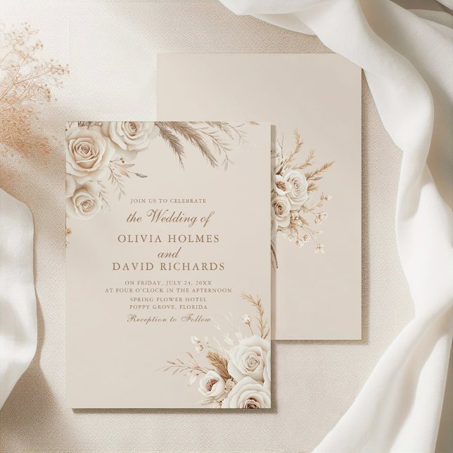 Elfenbein Rosen & Trockenblumen Hochzeitseinladung Einladung (Boho Beige Dried Flower and White Roses Wedding Invitation on an elegant silky tableclothes
)