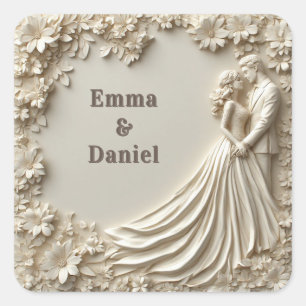 🤍 Elfenbein-Rosenrahmen-Hochzeitspaar-Silhouette  Quadratischer Aufkleber