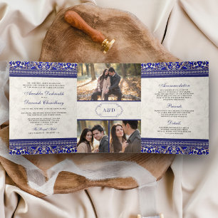 Elfenbein Royal Blue Border All in One Indian Wedd Dreifach Gefaltete Einladung