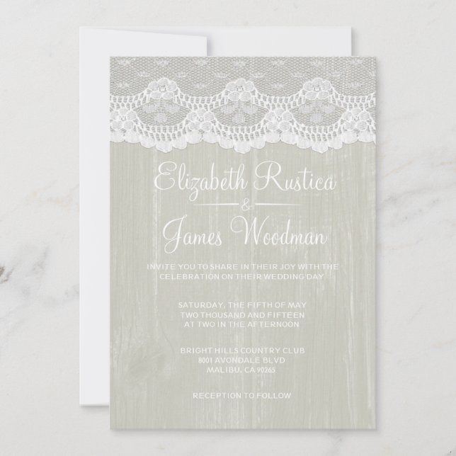 Elfenbein-rustikale Spitze u. Scheunen-hölzerne Einladung (Vorderseite)