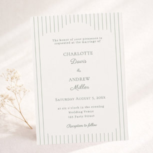 Elfenbein-Sage-Grün gestreifte elegante Hochzeit Einladung