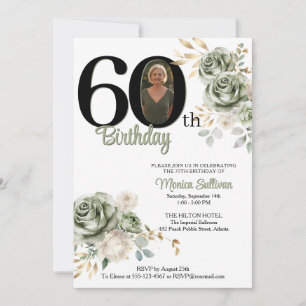 Elfenbein-Sage-grüne Rosen Blumen 60. Geburtstag F Einladung