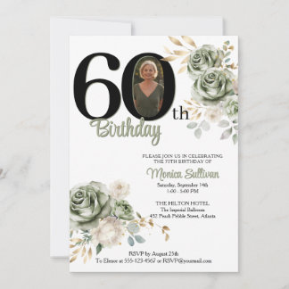 Elfenbein-Sage-grüne Rosen Blumen 60. Geburtstag F Einladung