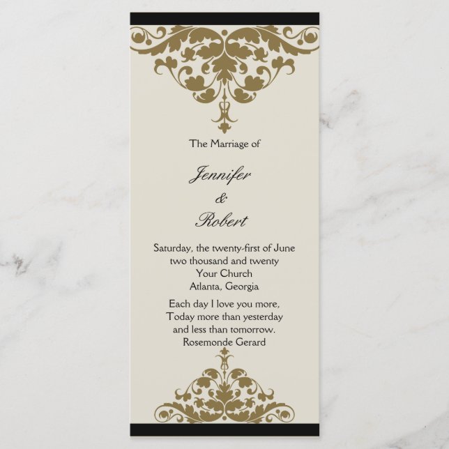 Elfenbein-Schwarz- und Gold-Damaskus-Hochzeitsprog Programm (Vorderseite)