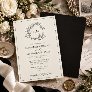 Elfenbein-Schwarze Blattkrone Monogramm Hochzeit Einladung