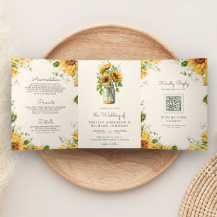 Elfenbein-Sonnenblumen-Mason-Glas-QR-Code-Hochzeit Dreifach Gefaltete Einladung