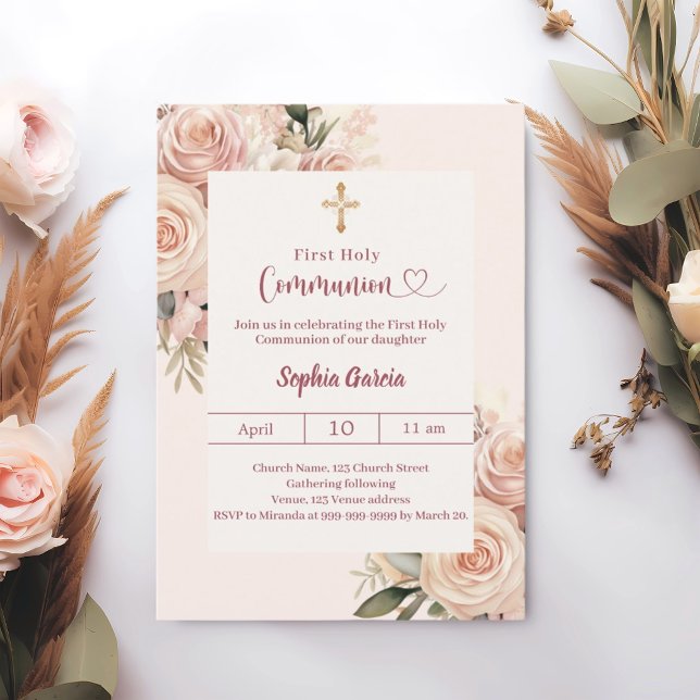 Elfenbein staubige Rosenblüten Erstkommunion Einladung (Von Creator hochgeladen)