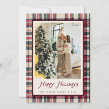 Elfenbein-Tartan-Weihnachtsfamilienfoto-Urlaubskar