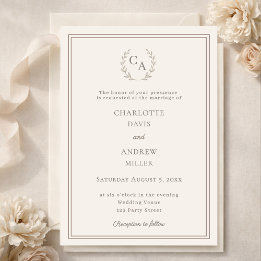 Elfenbein-Taupe-Kranz-Monogramm Luxus-Hochzeit Einladung