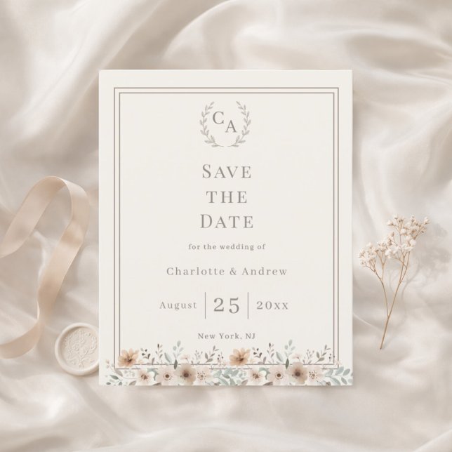 Elfenbein-Taupe-Monogramm-Blumen-Hochzeit 'Save th (Von Creator hochgeladen)