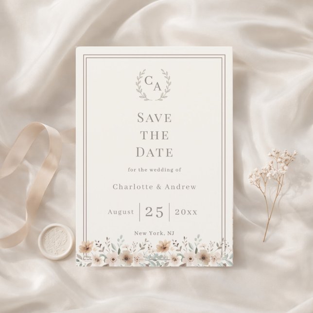Elfenbein-Taupe-Monogramm-Blumenkranz-Hochzeit Save The Date (Von Creator hochgeladen)