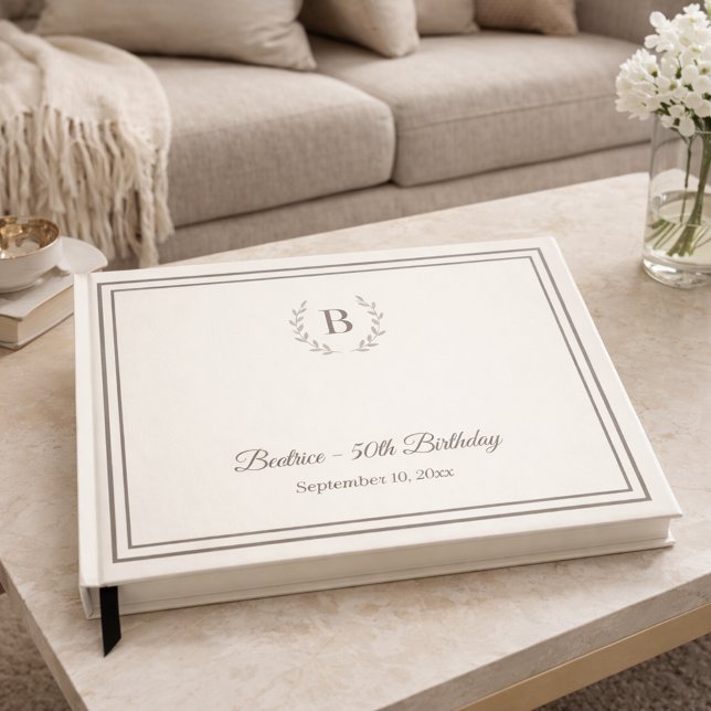 Elfenbein-Taupe-Monogramm-Geburtstag Gästebuch (Von Creator hochgeladen)