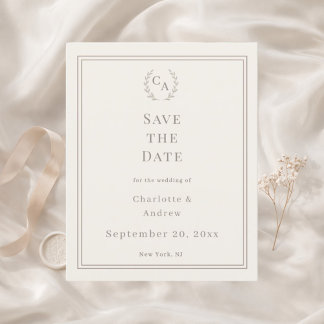 Elfenbein-Taupe-Monogramm-Hochzeit 'Save the Date' Flyer