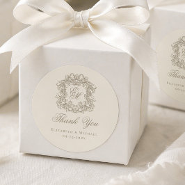 Elfenbein-Taupe-Monogramm-Hochzeitswappen-Dankesch Runder Aufkleber