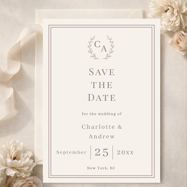 Elfenbein-Taupe-Monogramm-Kranz-Hochzeit Save The Date (Von Creator hochgeladen)