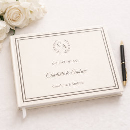 Elfenbein-taupe-monogrammierter Kranz Hochzeit Gästebuch