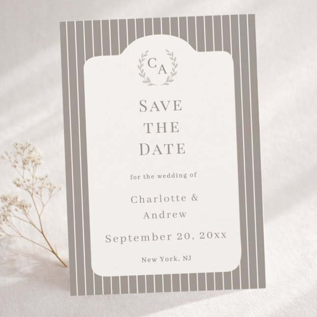 Elfenbein-Taupe-Neutrale gestreifte Hochzeit  Save The Date (Von Creator hochgeladen)