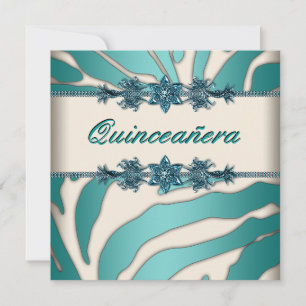 Elfenbein Teal Blau Zebra Quinceanera Einladung