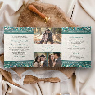 Elfenbein Teal Border All in One Indische Hochzeit Dreifach Gefaltete Einladung