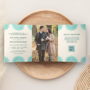 Elfenbein Teal Mandala Ethnischer QR-Code Indische Dreifach Gefaltete Einladung