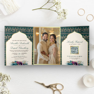 Elfenbein Teal Pfau Blumenmuster Indische Hochzeit Dreifach Gefaltete Einladung