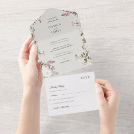 Elfenbein- und beigefarbene Vintage-Blumen-Hochzei All In One Einladung