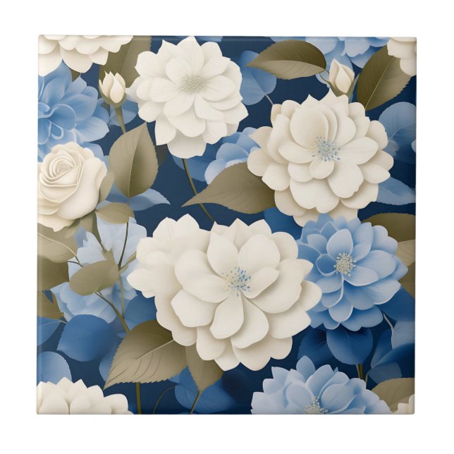 Elfenbein und Blue Hydrangea Blumenkohl Fliese (Vorderseite)