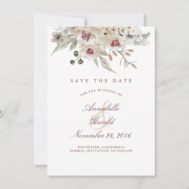 Elfenbein und Burgund Wasserfarben Floral Rettete  Save The Date (Vorderseite)