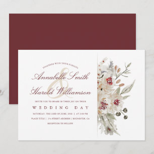 Elfenbein- und Burgunder-Aquarell-Blumenhochzeit Einladung