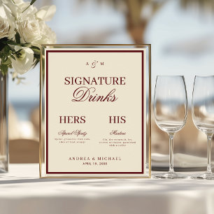 Elfenbein- und Burgunder-Signatur-Drinks-Schild Poster