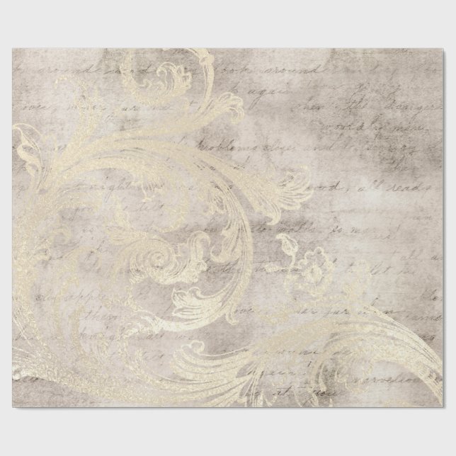 Elfenbein und Gold Grunge Damask Kalligraphie Geschenkpapier (Flach)