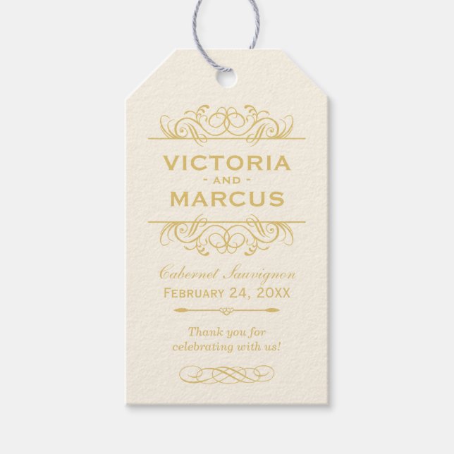 Elfenbein und Gold Wedding Wine Bottle Monogram Geschenkanhänger (Vorderseite)