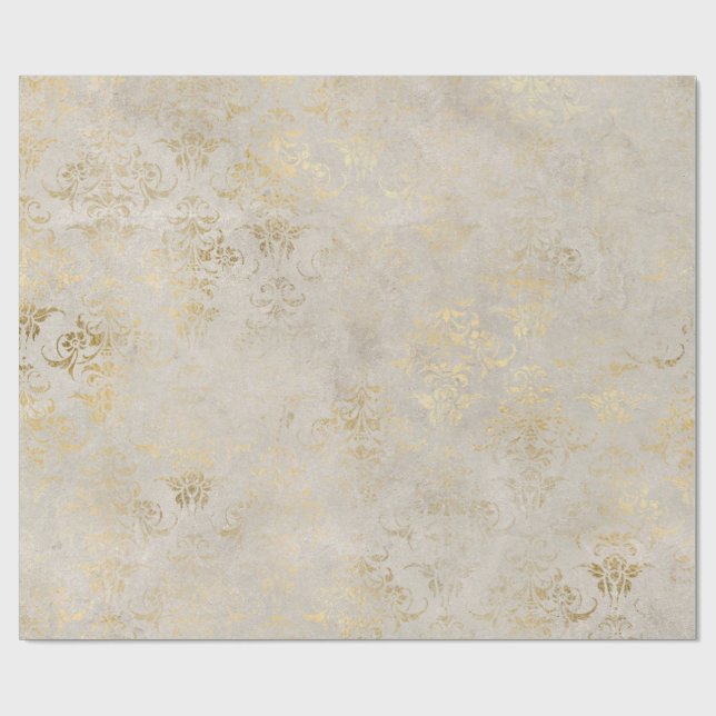 Elfenbein und Goldfräse Vintag Damask Geschenkpapier (Flach)